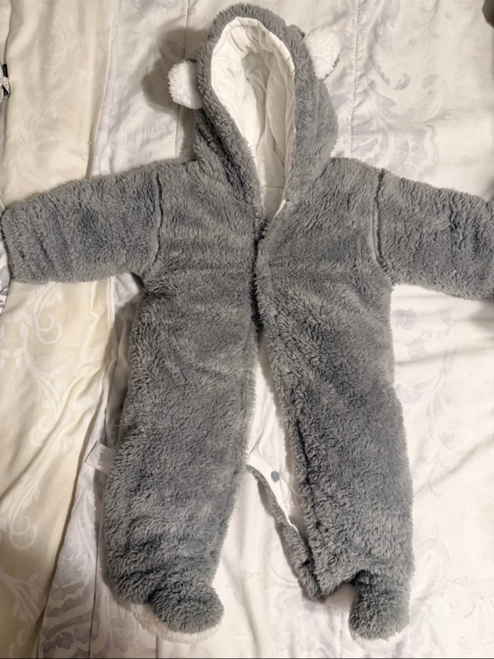 Plush Gray Hooded Baby One-Piece with Ears